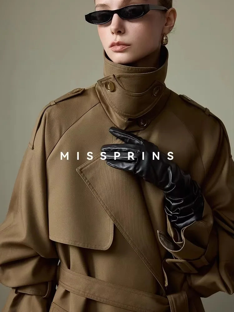 Lautaro Frühling Herbst Langer Khaki Trenchcoat für Damen Gürtel Zweireiher Schick Luxus Designer Europäische Mode Kleidung 2025