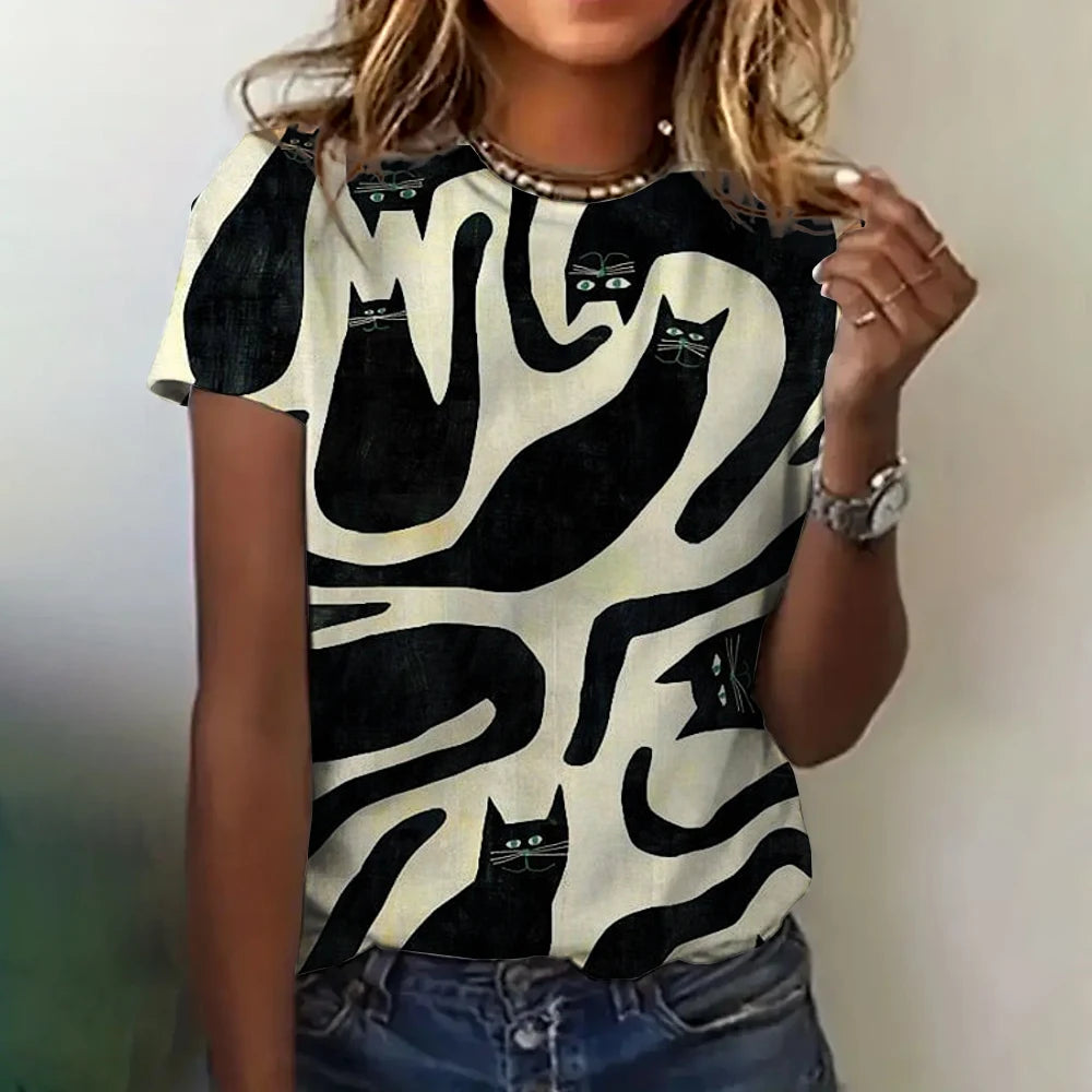 T-shirt Femme Impression 3D Chat Vêtements Été Col Rond Mode Manches Courtes Élégant Décontracté Haut Ample T-shirt Vêtements Femme