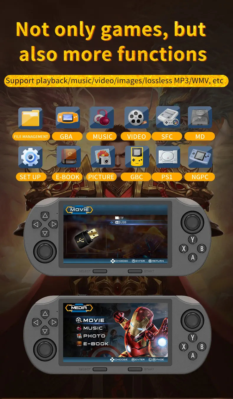 SF3000 handheld game console with a 4.5-inch large screen, supporting e-books, MP4， Music function, built-in 20000+games