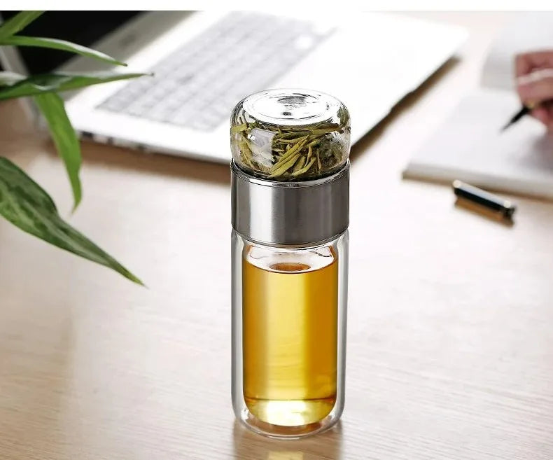 Bouteille d'eau à thé 420 ml en verre borosilicate double paroi avec infuseur pour thé, tasse à thé, gobelet, boisson avec filtre à thé