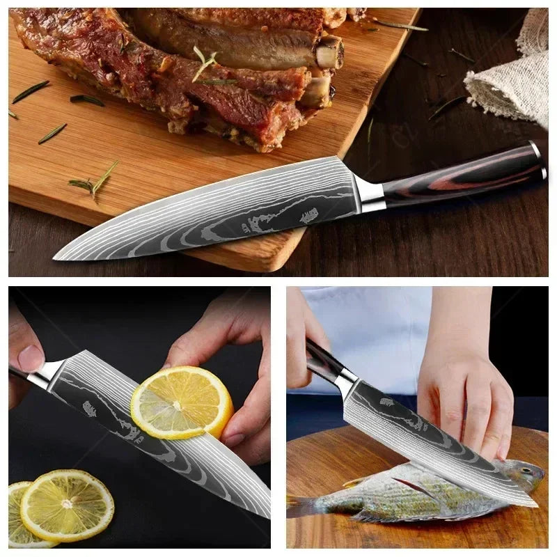 Couteau de Chef Damas Ensemble de Couteaux de Cuisine Professionnels Couteau à Désosser Couteau de Boucher Couteau Utilitaire Couteau Santoku Japonais avec Housse