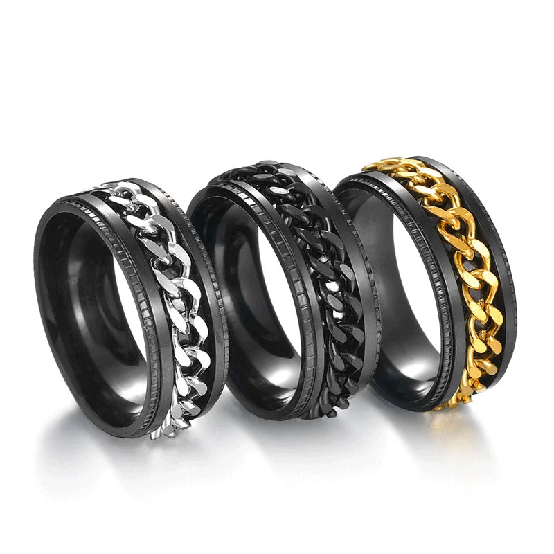 Western Fashion Simple Design Rotatable Chain Ring Silver Black Gold Color Titanium Steel Rings For Men Women