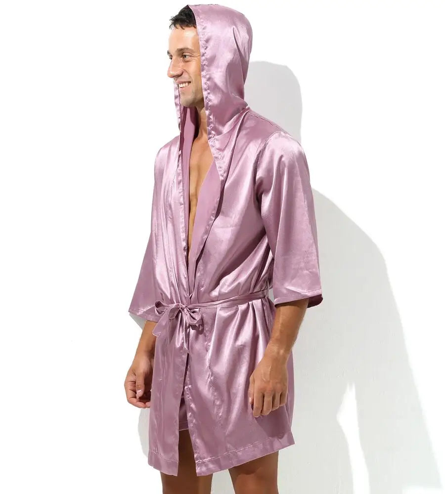 Sexy Nachtwäsche Herren Bademäntel Weich Seidig Kurzarm-Nachthemd Herren Hauskleidung Morgenmantel Herren Schlafanzug (Ohne Shorts)