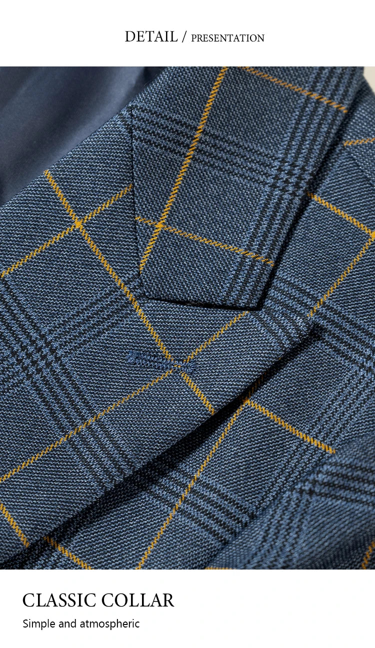 high quality 3 Piece Checkered Suit Set dark blue Stylish Business Office Wedding Formal Outfit Elegant full man dinner suit