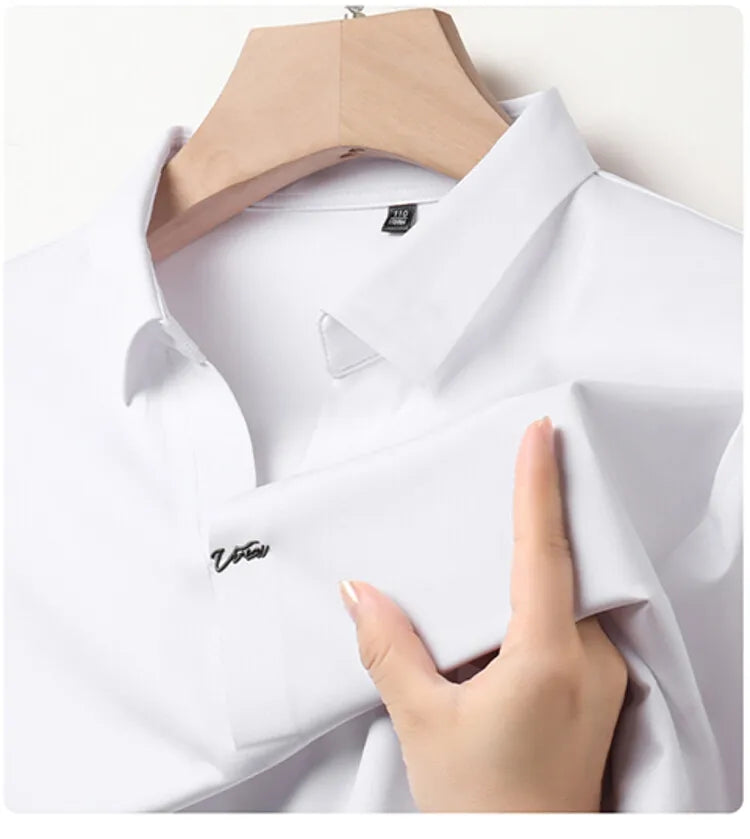 Polo 2024 de haute qualité, extensible et élastique, Chemise à manches courtes pour hommes, style décontracté, Col en V sans coutures, Polo pour hommes M-4XL
