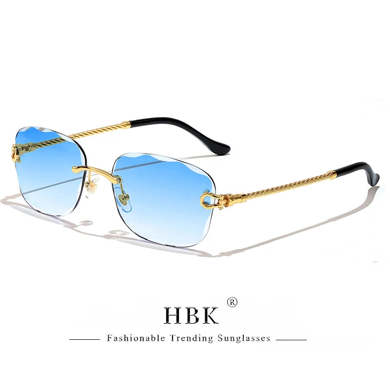 HBK Rahmenlose Metall Sonnenbrille Herren Wellenform geschnitten Sonnenbrille für Damen Reise Shopping Brille UV400 Sommer Stil