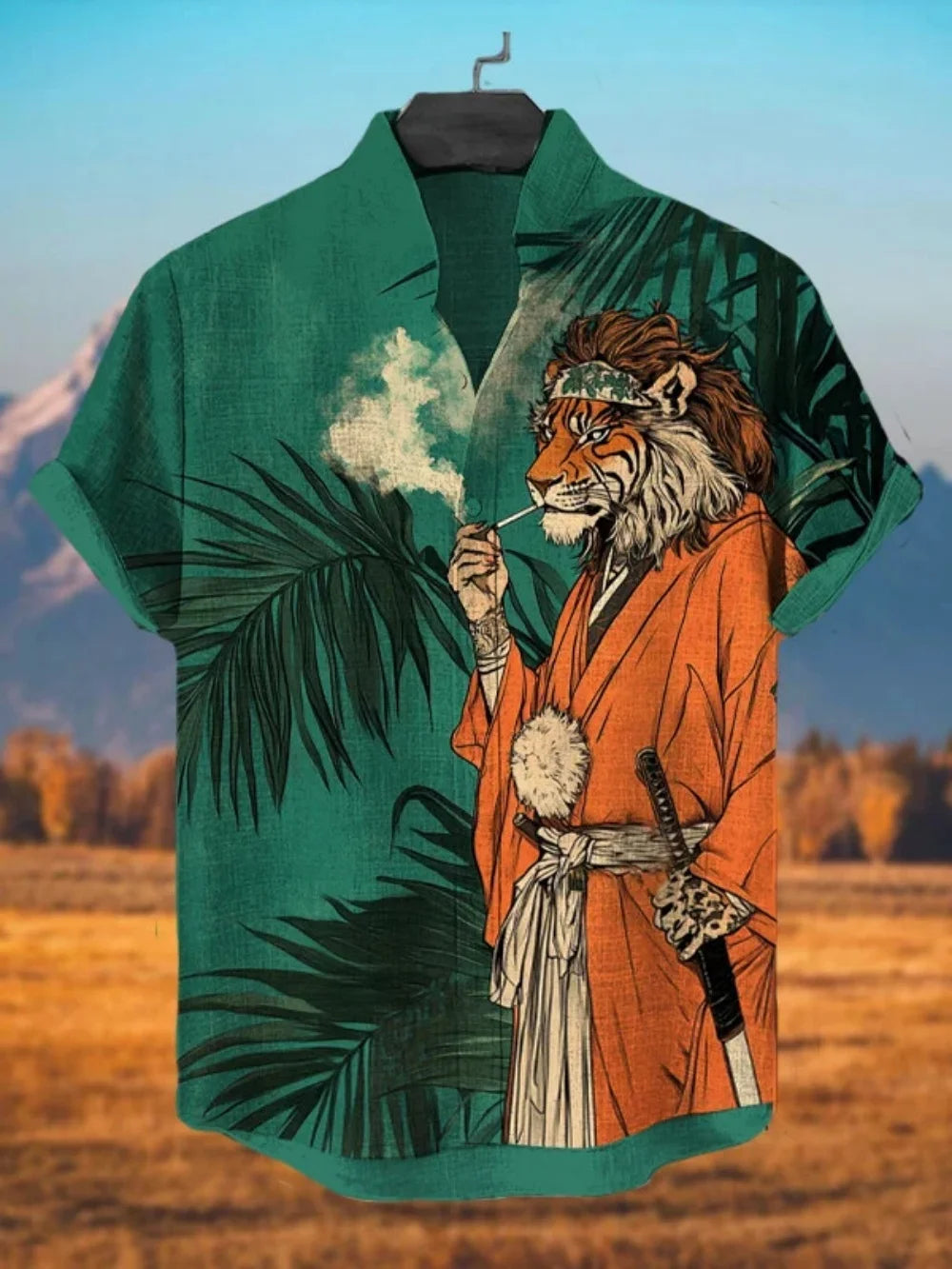 Chemise d'été à manches courtes pour homme, style streetwear, associée à un cardigan en lin imprimé en 3D, col montant tendance et haut respirant