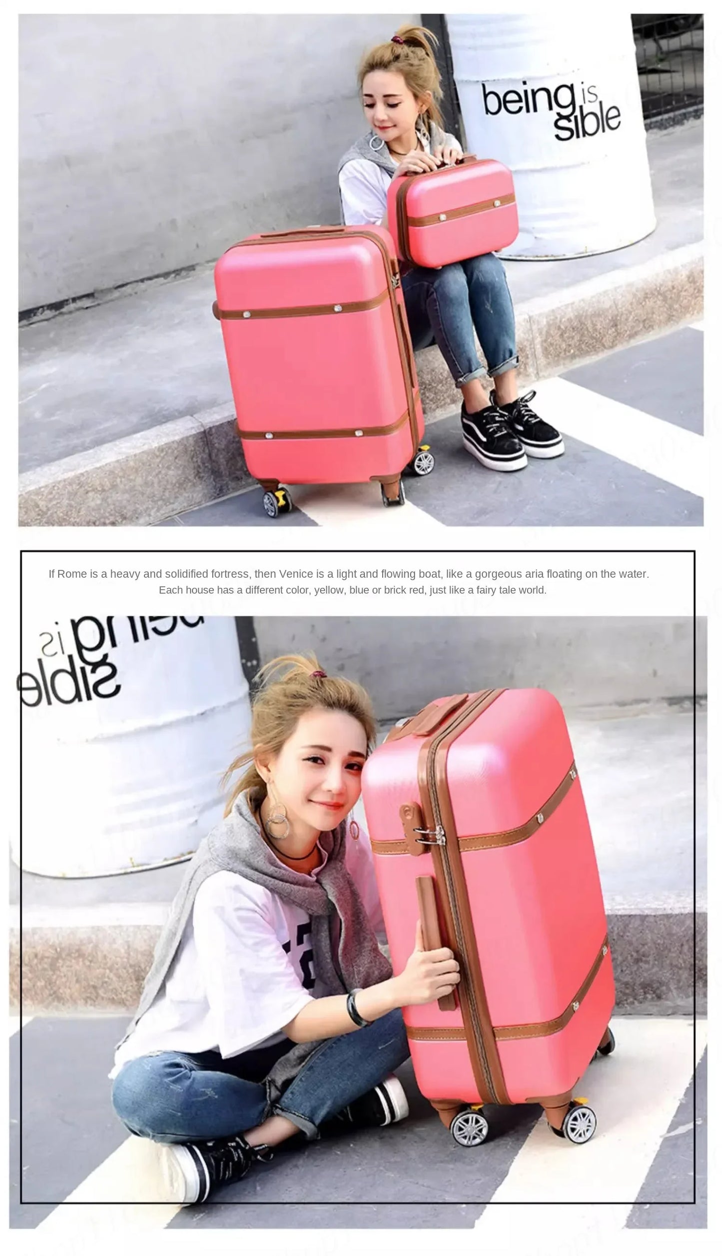 Nouvel ensemble de bagages à roulettes pour femmes - Ensemble valise de voyage tendance avec serrure à combinaison, sac à cosmétiques universel, ensemble de 2 valises à roulettes rétro