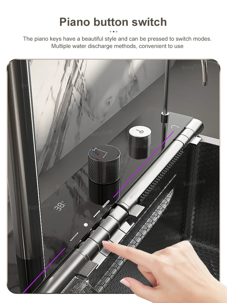 Évier de cuisine multifonction en acier inoxydable avec affichage numérique intelligent, grand bac unique et robinet cascade pour le lavage des légumes