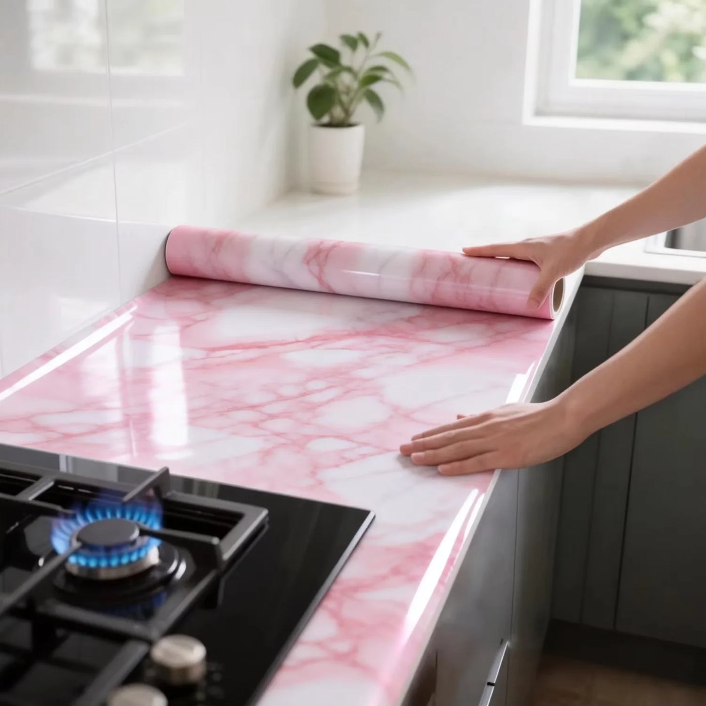 Glossy Pink Marble Contact Paper Self-Adhesive Kitchen CountertopGranite Wallpaper Waterproof Oil Proof Sticker for Home Decor