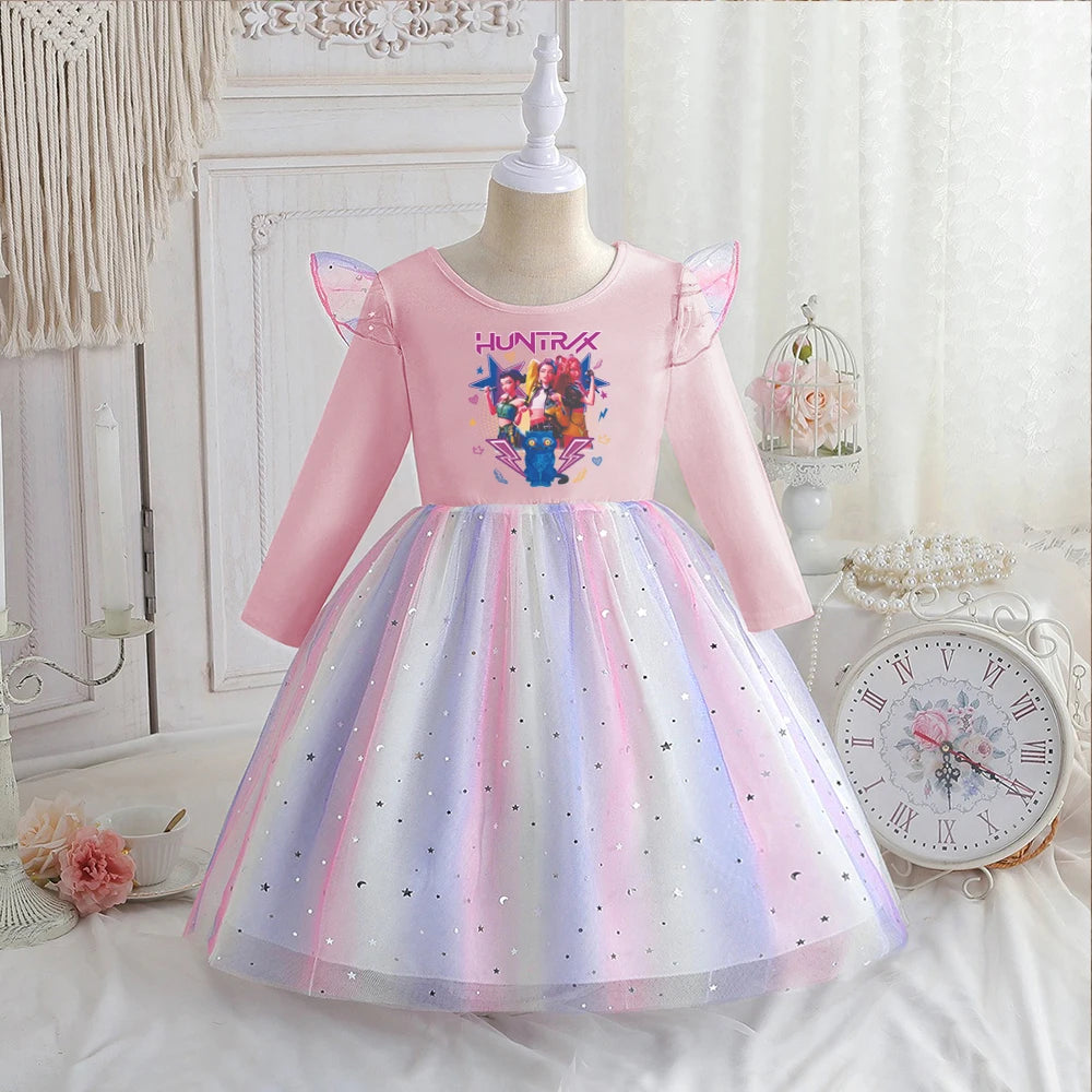 Kpop Demon Hunters Vêtements Enfants Robe de Princesse Manches Longues Printemps Robe Bébé Filles pour Fête d'Anniversaire Arc-en-ciel 2-8 Ans