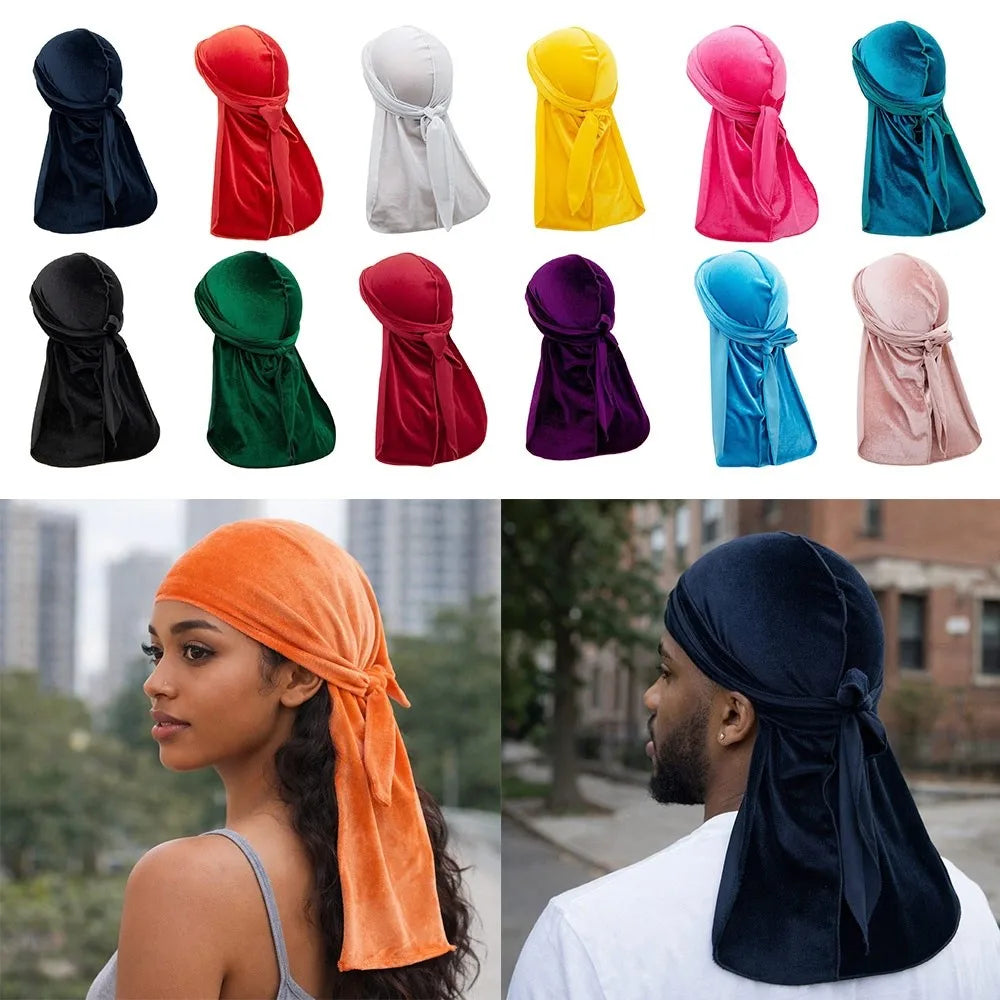 Nouveaux Durags en Velours Casquettes Longue Queue Chapeau Turban Respirant Bandeau Élastique Réglable Accessoires pour Cheveux