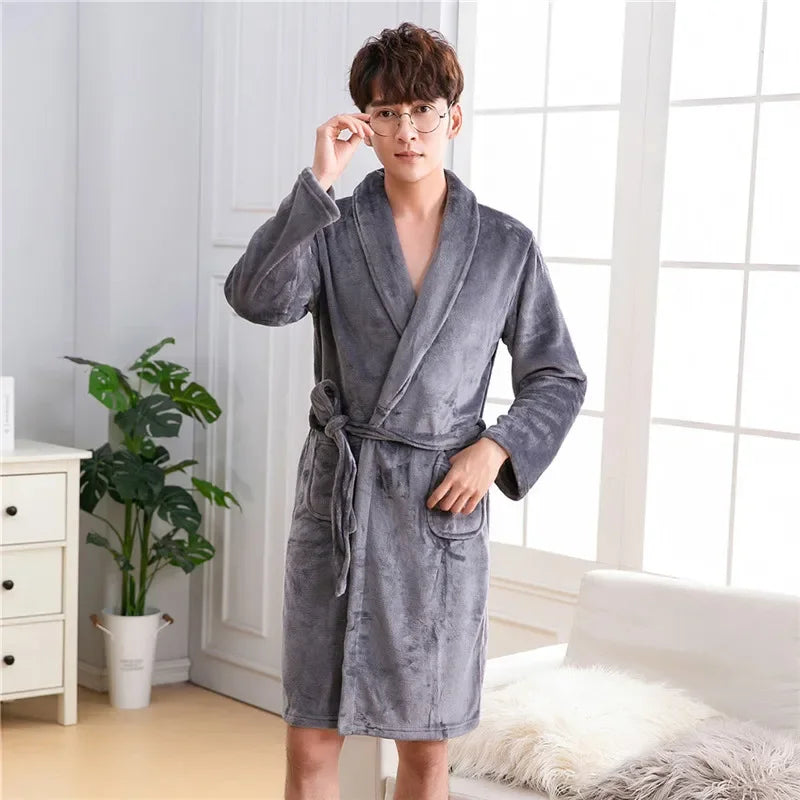 Peignoir Homme Polaire Épais Chaud Coral Fleece Flanelle Vêtement de Nuit Robe de Chambre Lingerie D'intérieur Vêtement D'intérieur Ample Peignoir