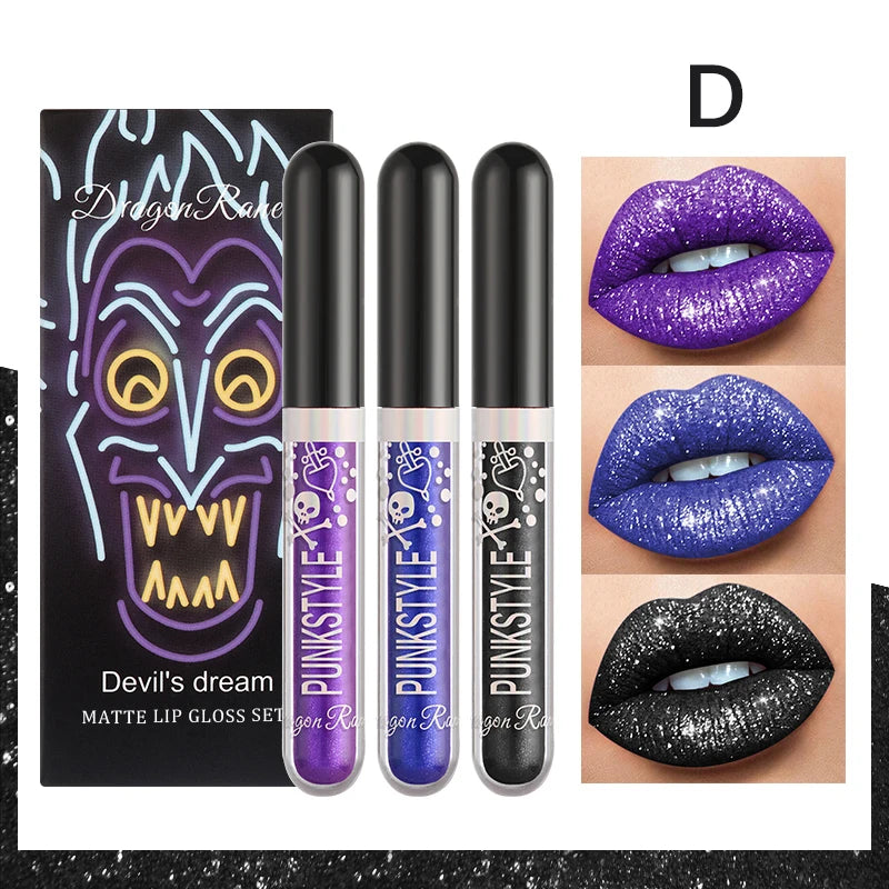 Lot de trois brillants à lèvres, rouge à lèvres nacré non-adhésif, ensemble de brillants à lèvres violets et noirs scintillants