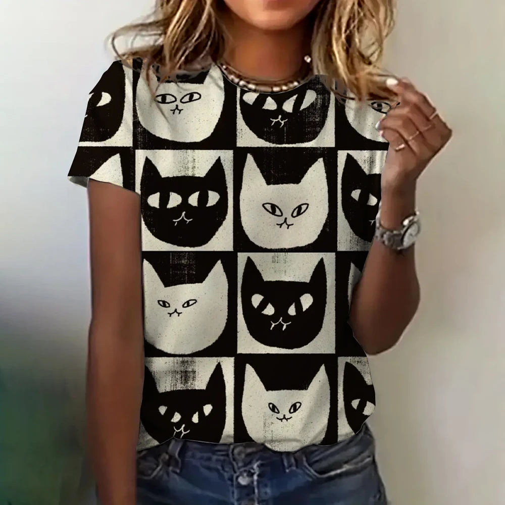 T-shirt Femme Impression 3D Chat Vêtements Été Col Rond Mode Manches Courtes Élégant Décontracté Haut Ample T-shirt Vêtements Femme