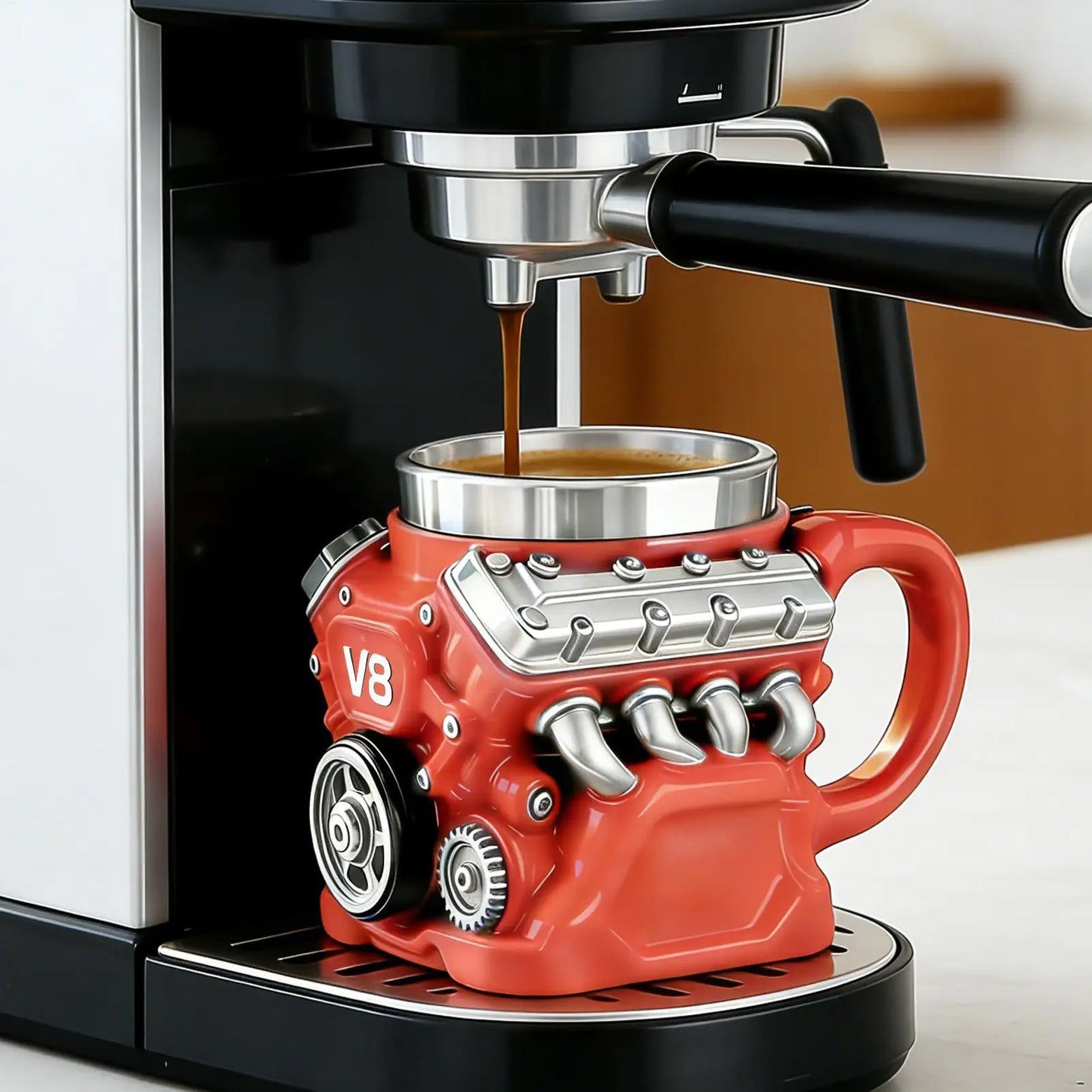 Kaffeetasse Mechanische Tasse Edelstahl V8 Motor Reisebecher für Kaffee für Männer Autoenthusiasten Valentinstag Geburtstag