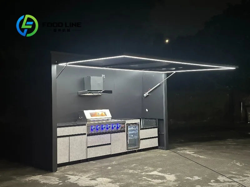 All-in-One anpassbare, moderne Premium-BBQ-Station für den Außenbereich, pulverbeschichtet, rostfrei und windbeständig, mit Kühlschrank und Spüle