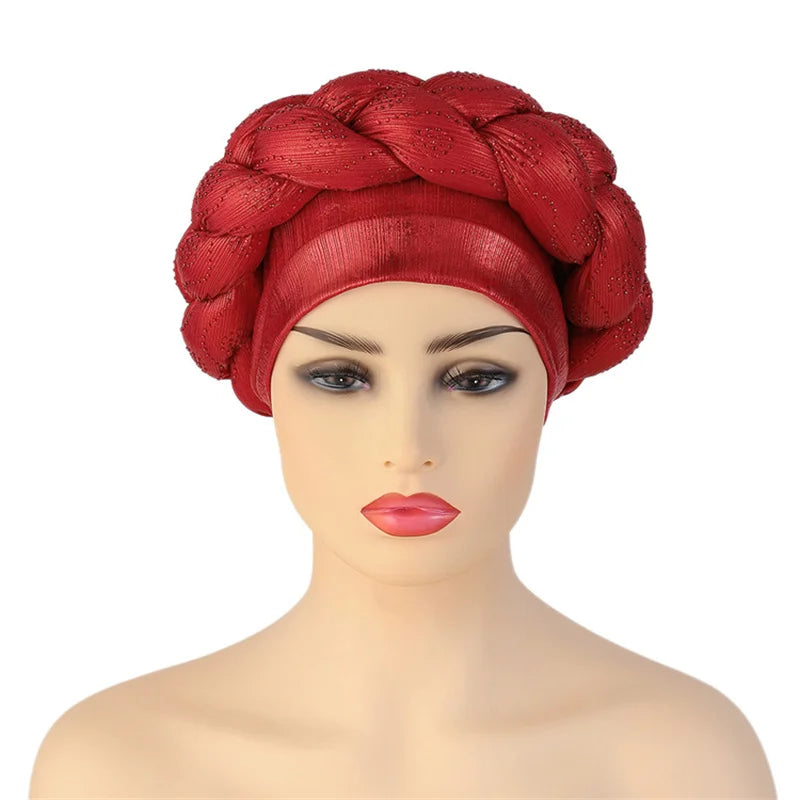 Bandeau africain tressé à diamants faits à la main Turban Femme Voiles de tête Pré-noués Foulard Bonnet Chapeau de mariage nigérian