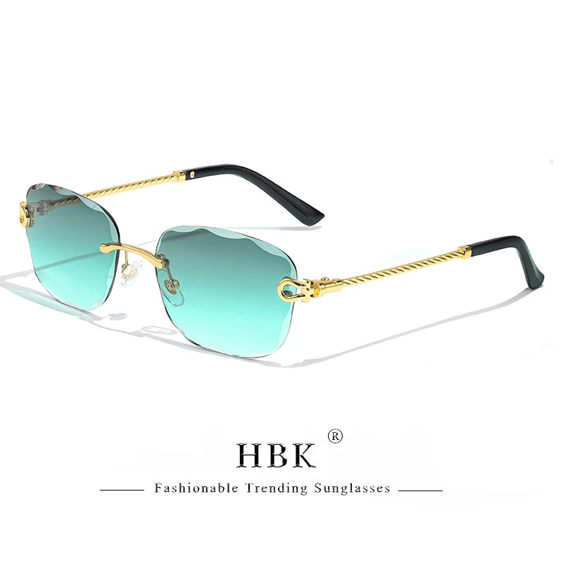 HBK Rahmenlose Metall Sonnenbrille Herren Wellenform geschnitten Sonnenbrille für Damen Reise Shopping Brille UV400 Sommer Stil
