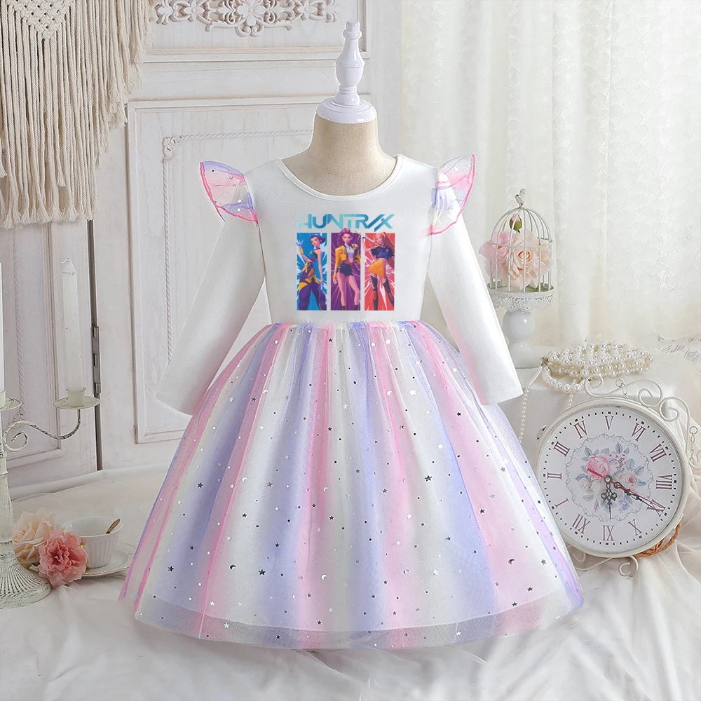 Kpop Demon Hunters Vêtements Enfants Robe de Princesse Manches Longues Printemps Robe Bébé Filles pour Fête d'Anniversaire Arc-en-ciel 2-8 Ans