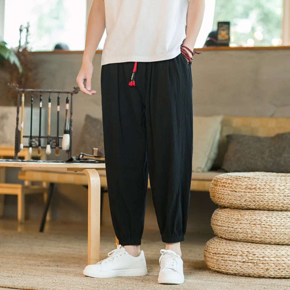 Pantalon Sarouel Homme Coton et Lin Décontracté Ample Grande Taille Pantalon de Plage Style Chinois Large Joggers Homme Été
