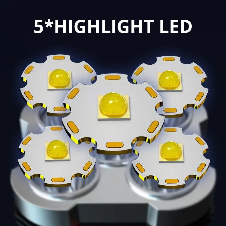 Lampe de Poche LED Haute Puissance 5 LED, Projecteur de Camping Rechargeable avec Lumière Latérale 3 Modes d'Éclairage pour Aventure en Camping en Plein Air