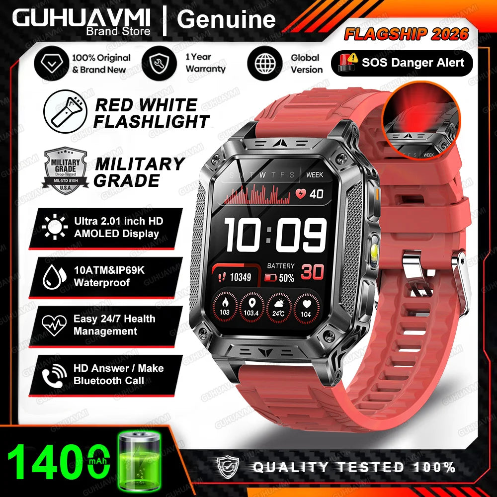 Montre connectée homme 2026 avec batterie ultra-large intégrée de 1400 mAh, GPS extérieur, écran AMOLED de 2,01", étanche 10 ATM, appel BT