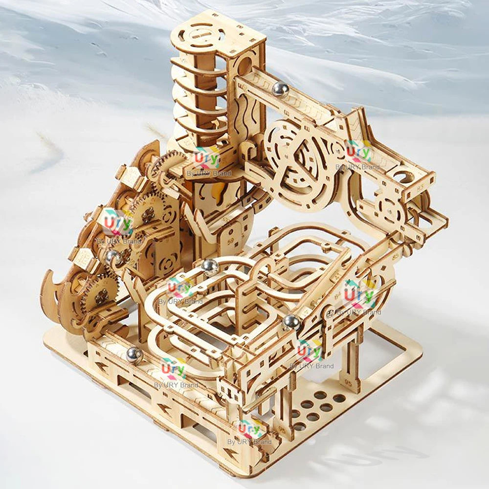 Ury 3D Wooden Puzzles Marble Electric Catapult Track Device Set Mechanical Model Science Maze 7 Balls Assembly Toy for Kids Gift