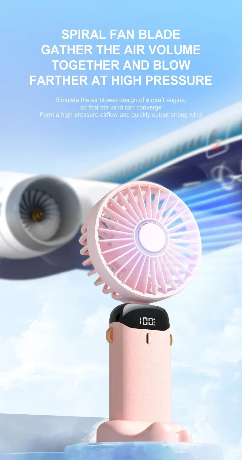 Mini ventilateur portable 3000 mAh pliable, à poser sur un bureau, à suspendre autour du cou, 5 vitesses, rechargeable par USB, support de téléphone, écran d'affichage
