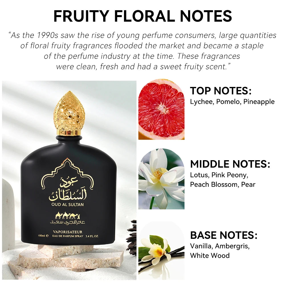 100 ml Eau de Parfum Oud Al Sultan Arabischer Unisex Duft Fruchtig Blumig Langanhaltend für Damen und Herren