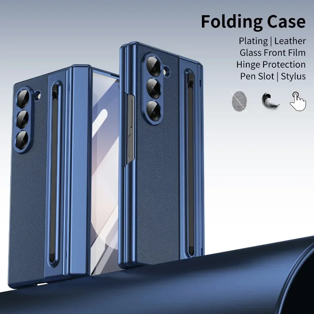 Leder mit Stahlfilm Stifthalter Handyhülle für Samsung Galaxy Z Fold 7 6 5 4 Fold7 Fold6 Scharnierschutz Stoßfeste Hülle