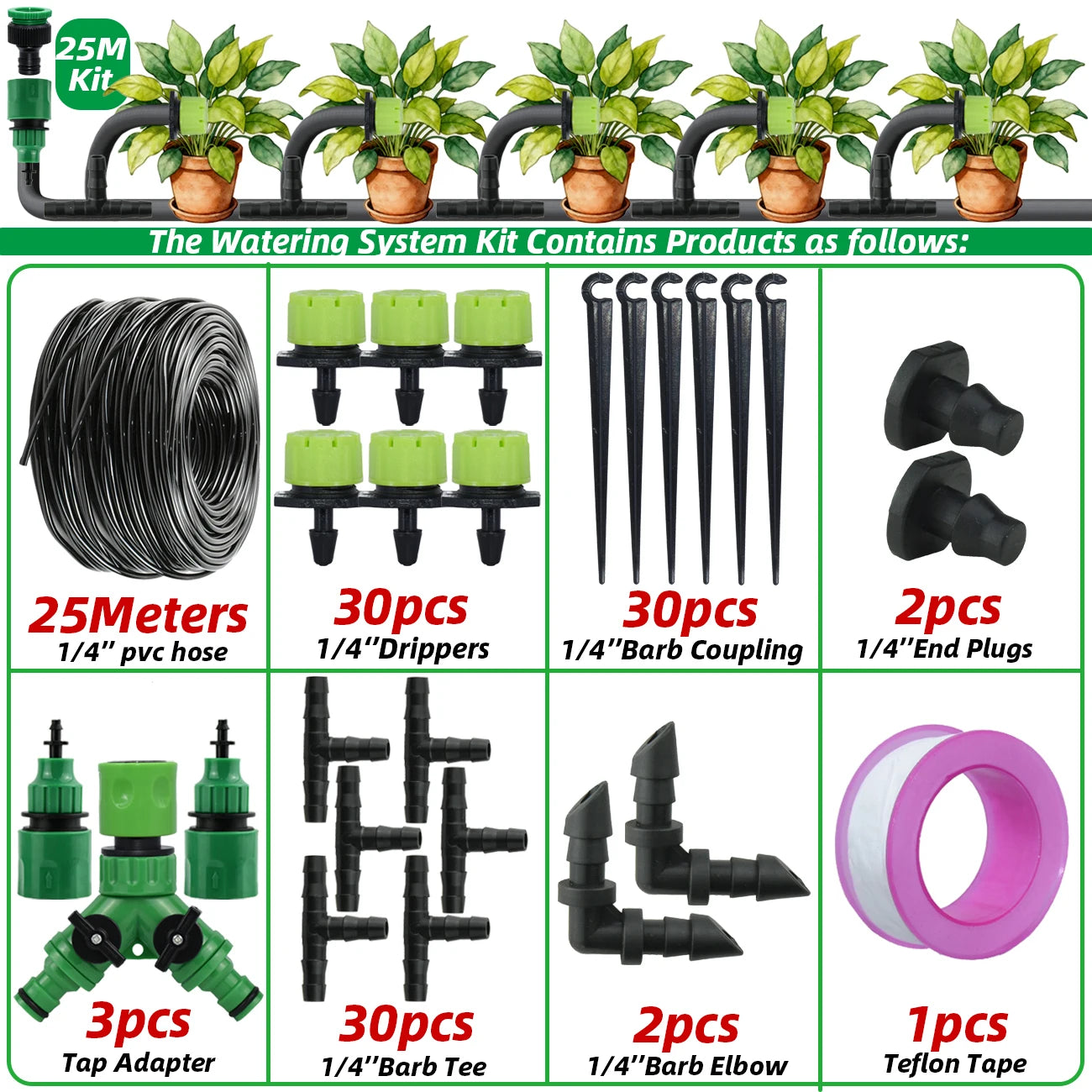 Kit d'irrigation goutte à goutte pour jardin 5-30M Tuyau 1/4'' Système d'arrosage automatique Économie d'eau portable réglable pour plantes et fleurs de serre
