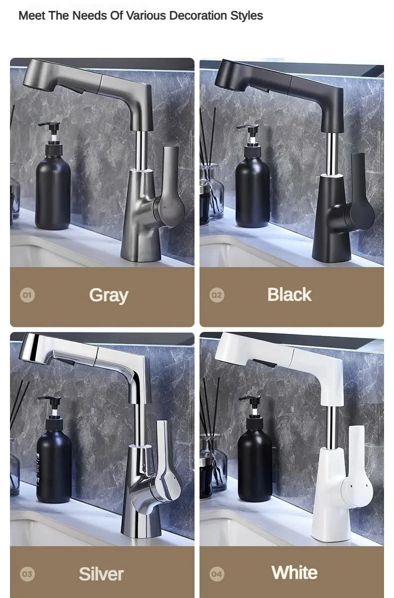 Pull Out Lift Kitchen Faucet 360° Rotatable Bathroom Basin Faucet Stainless Steel Kitchen Sink Faucet with Pull Out Sprayer