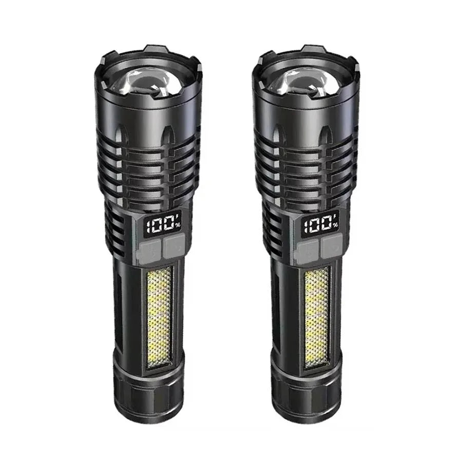Powerful LED Flashlight Type C Rechargeable Waterproof Torch with Side Light 5 Modes Zoomable Lamp for Camping Fishing Lantern