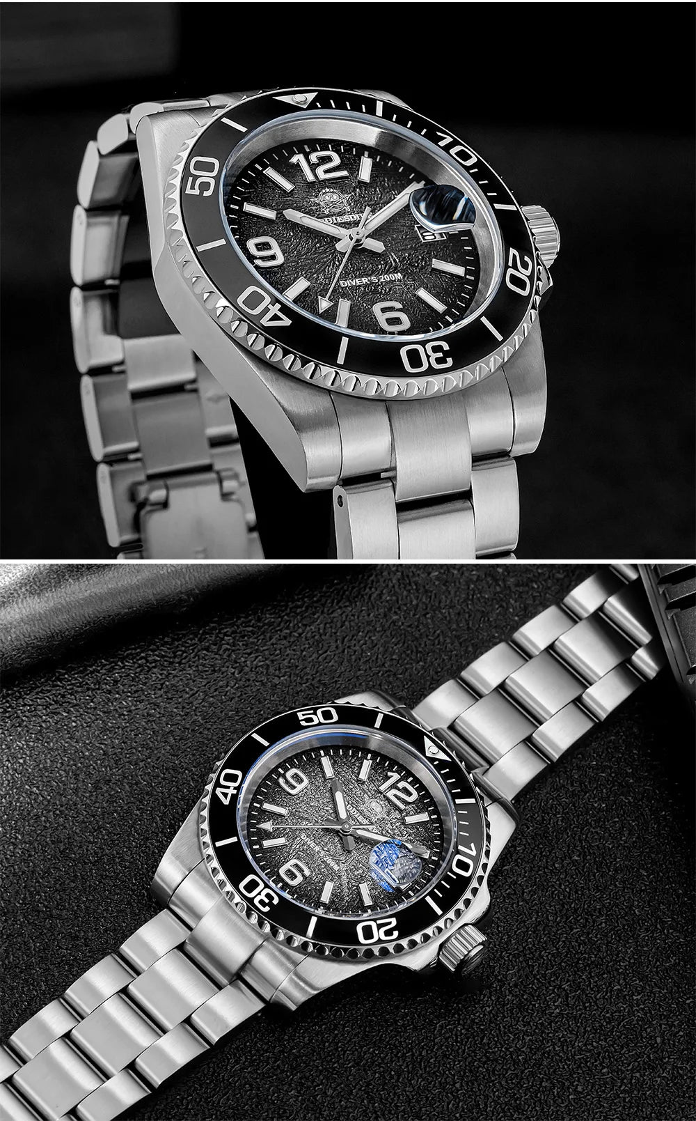 Montre de Plongée Homme ADDIESDIVE 41mm AD2513 Étanche 200m Acier Inoxydable 316L Montre-Bracelet à Quartz Calendrier BGW9 Super Lumineux