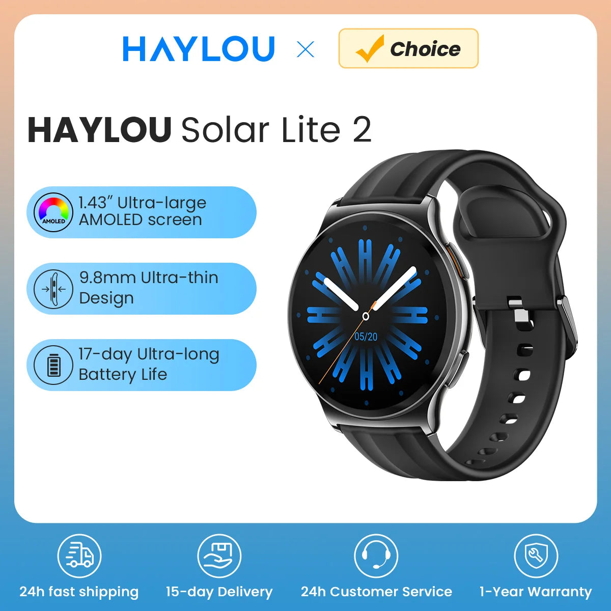 HAYLOU Solar Lite 2 Smartwatch 1,43 Zoll AMOLED-Display 24h Gesundheitsüberwachung 150+ Sportmodi Sprachanrufe Smartwatch 1ATM