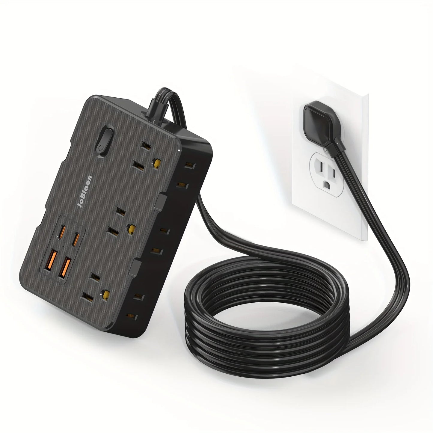 Ultraflaches Flachstecker-Verlängerungskabel mit 4 USB-Anschlüssen (2 USB C), 1,5 m Überspannungsschutz-Steckdosenleiste, 6 weit auseinander liegende Steckdosen