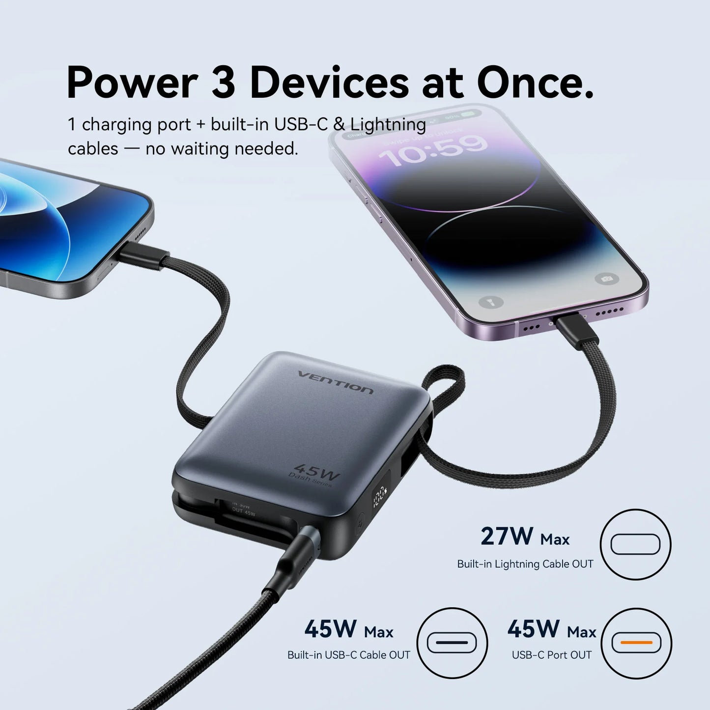 Vention 45W 10000mAh Powerbank mit integriertem USB-C- und Lightning-Kabel, tragbare Powerbank für iPhone 17 16 Samsung S26 S25 Xiaomi Poco