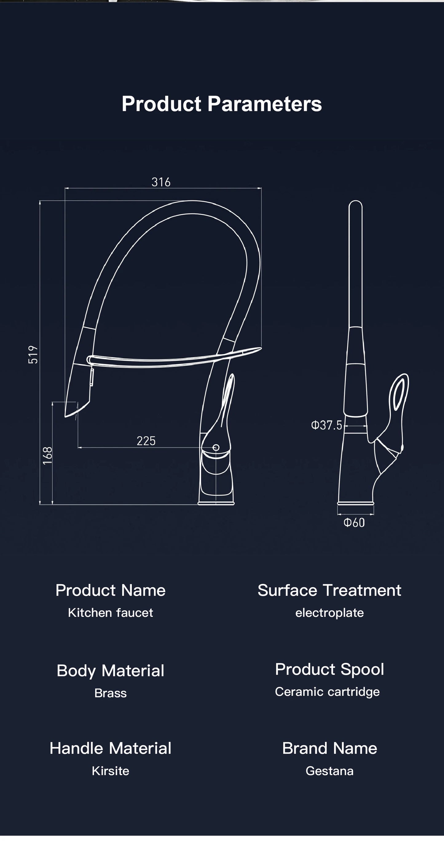 Mitigeur de cuisine Gestan en laiton brossé doré avec interrupteur tactile, cartouche céramique monotrou, robinet d'évier eau chaude et froide