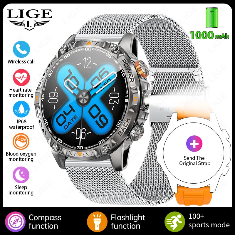 LIGE Nouvelle Montre Intelligente Militaire Hommes 1000mAh Batterie Super Capacité Bracelet Sportif Extérieur Moniteur de Fréquence Cardiaque Montre Connectée Étanche