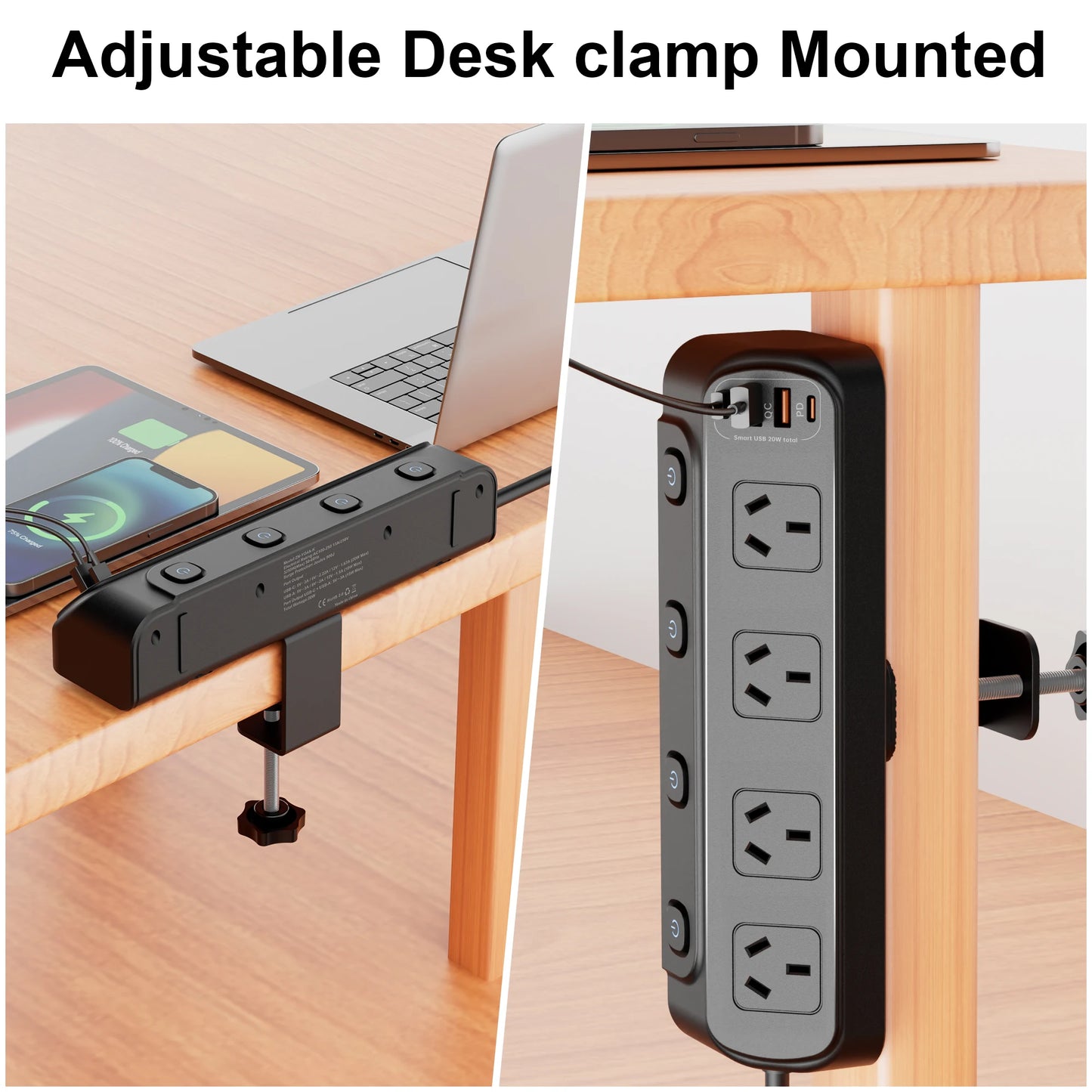 AU Plug Desk Clamp power board with 4 AC outlets 2 USB A and 2 USB C PD20W fast charging, 2m extension cord, multiprise socke