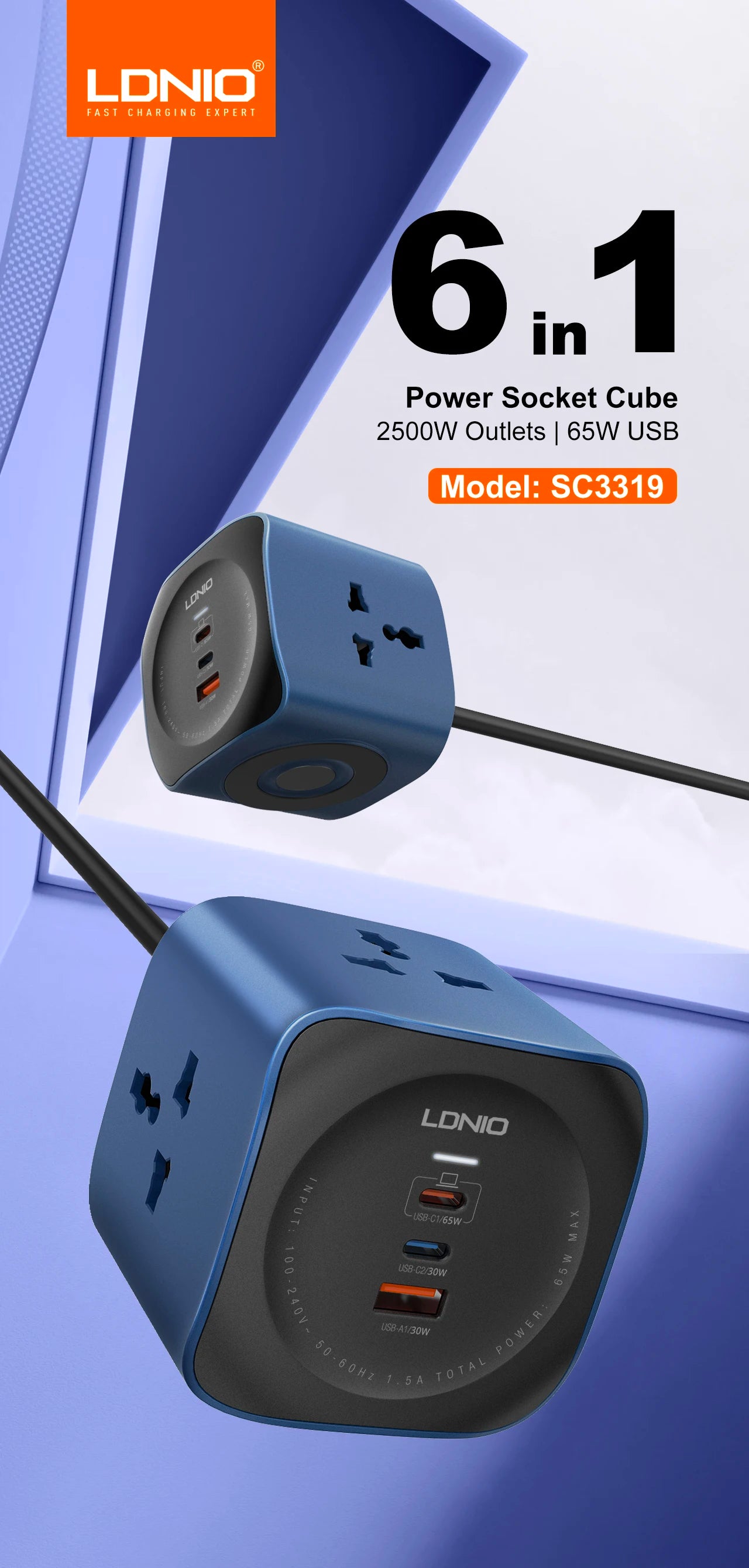 Multiprise cube LDNIO 3 prises universelles avec 3 ports USB 65W, protection contre les surtensions 2500W, cordon d'extension de 2m (fiche UK/EU/US) et interrupteur