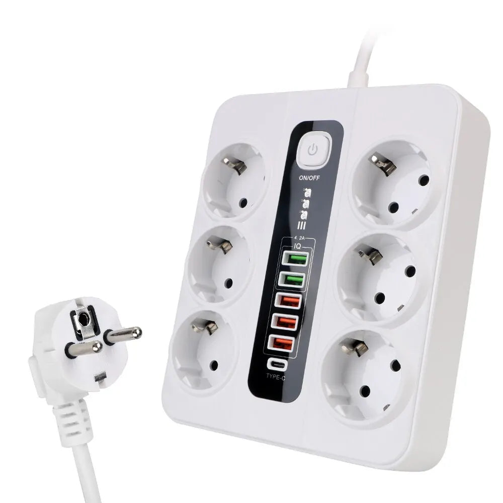 Extension Socket With Safety Switch Power Strip For Office Home EU Plug 3000W 2M Cable Overload Protection USB Type C Ports