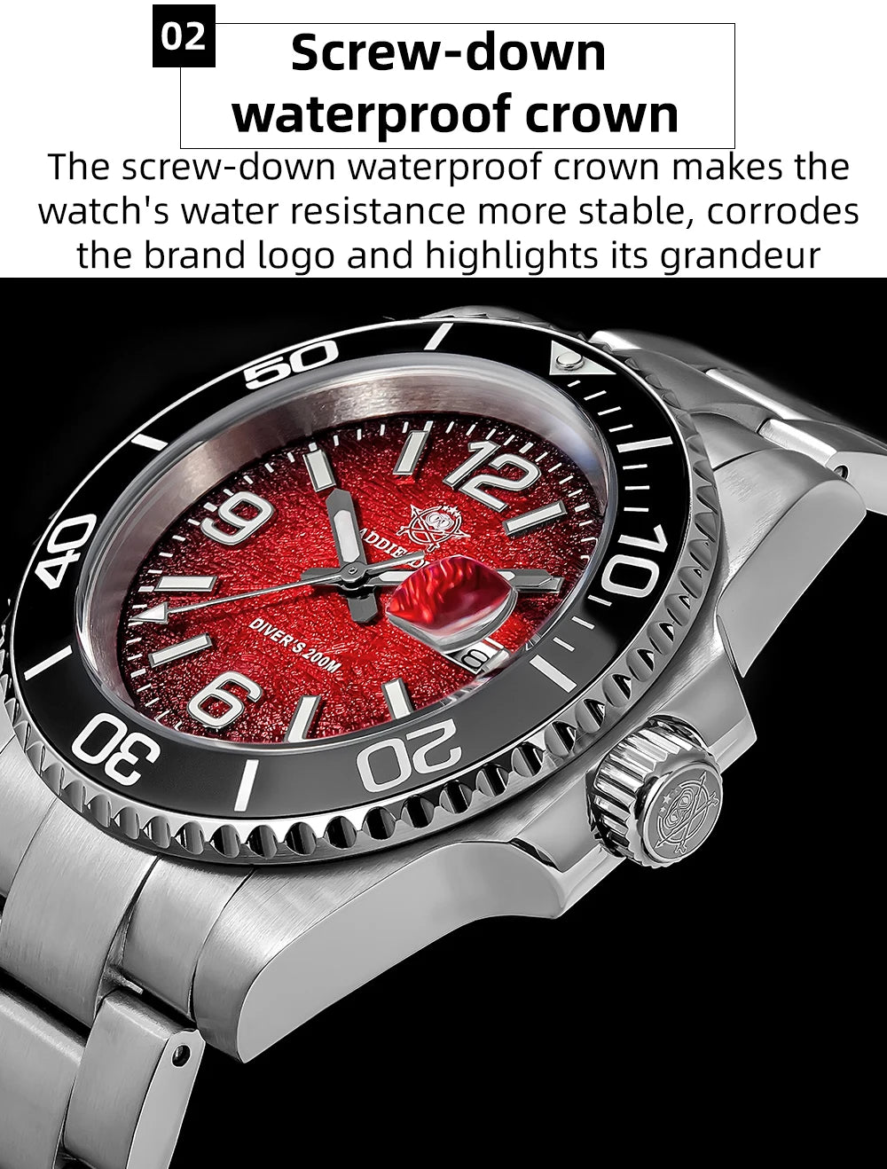 Montre de Plongée Homme ADDIESDIVE 41mm AD2513 Étanche 200m Acier Inoxydable 316L Montre-Bracelet à Quartz Calendrier BGW9 Super Lumineux