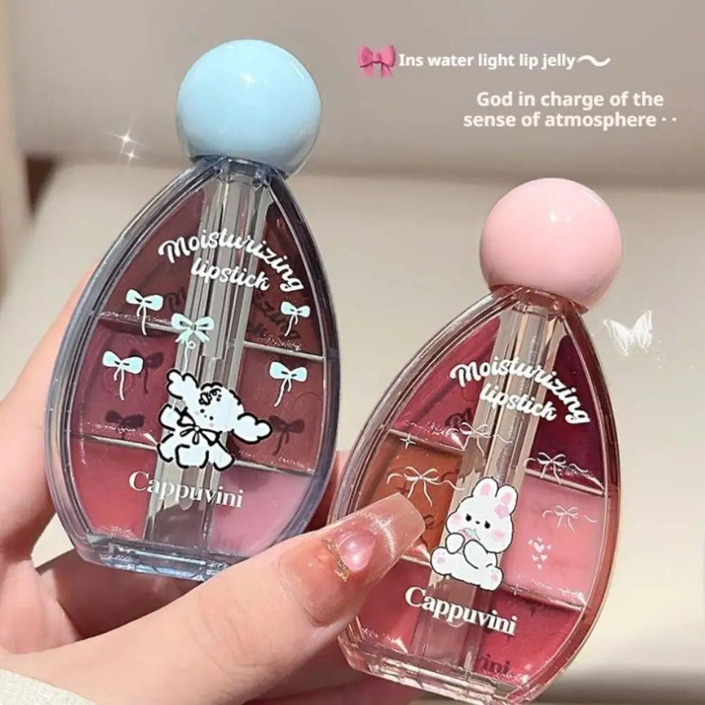 Sechs-Farben-Erdbeer-Spiegel-Gelee-Lippenstift-Palette Juicy Pink Solide Lipgloss-Set Feuchtigkeitsspendendes Lippenöl mit Silikonbürste