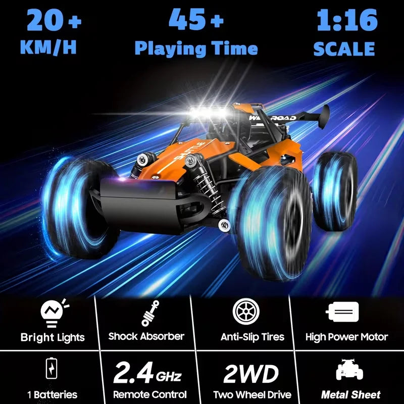 DK087 Voiture RC Tout-terrain 20KM/H 2WD Télécommandée 1:16 Coque Métal Phares LED Voiture Jouet RC pour Cadeaux