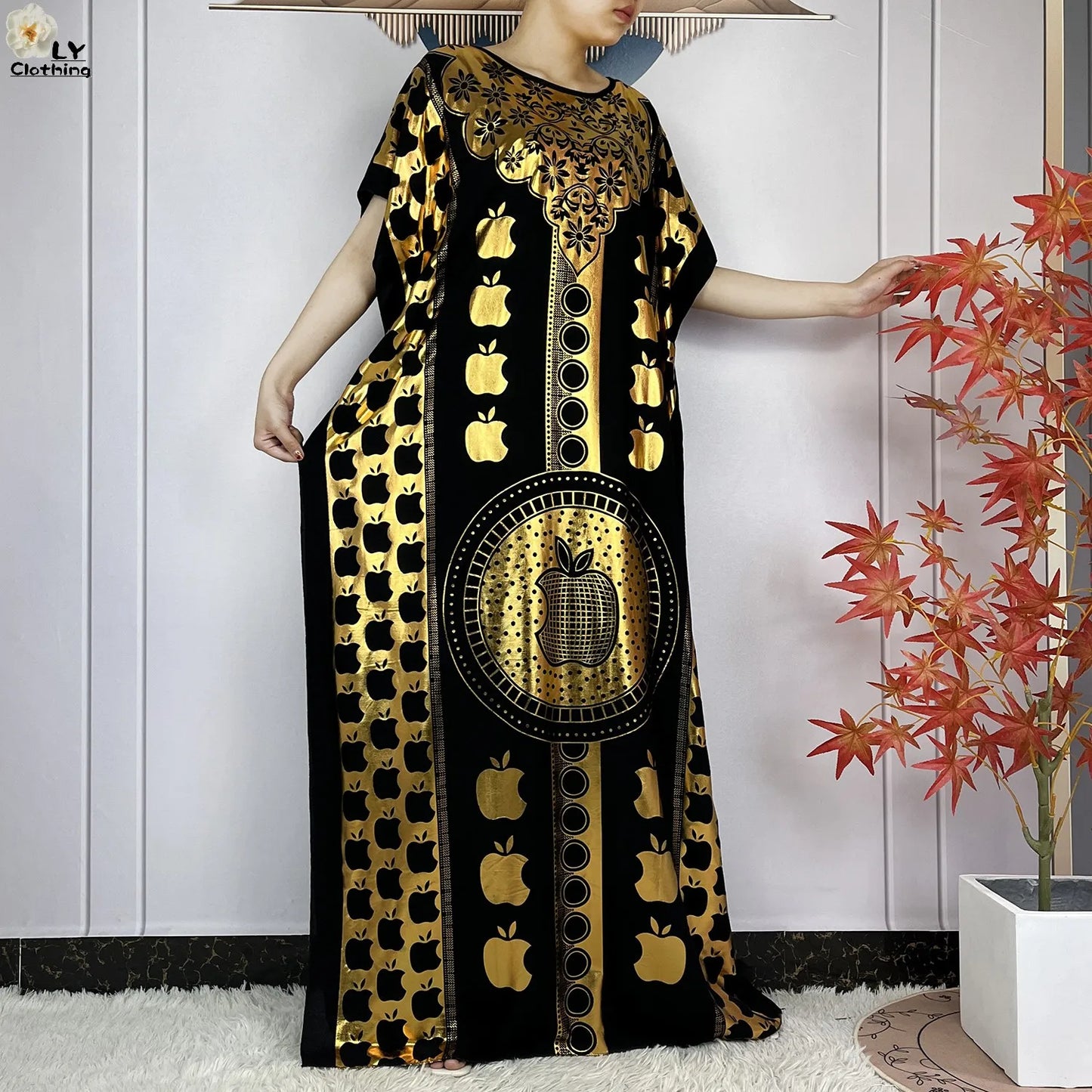 Neues Sommer-Kurzarm-Kleid aus Baumwolle für Damen mit großem Schal Goldprägung Boubou Maxi Islam Damen Afrikanische Abaya Kleidung