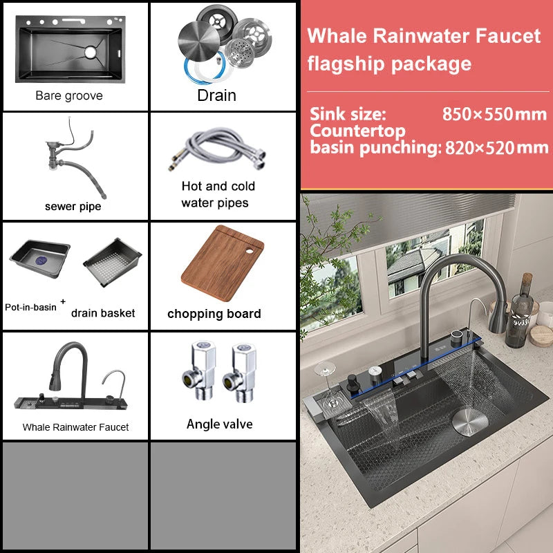 Évier de cuisine multifonction en acier inoxydable avec affichage numérique intelligent, grand bac unique et robinet cascade pour le lavage des légumes