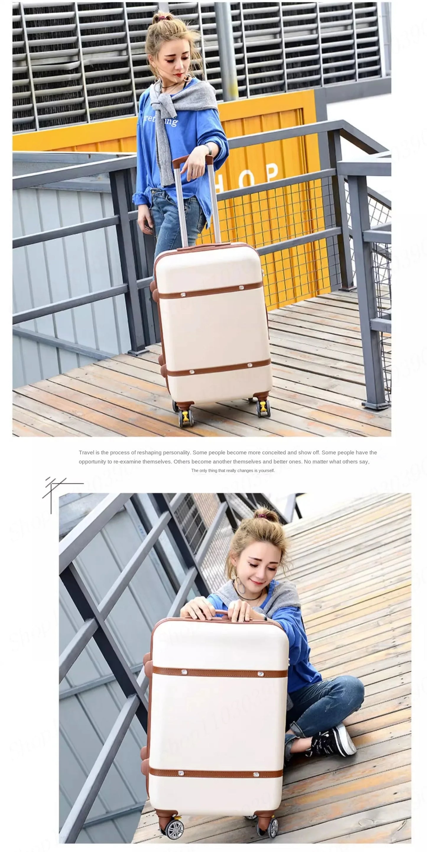 Nouvel ensemble de bagages à roulettes pour femmes - Ensemble valise de voyage tendance avec serrure à combinaison, sac à cosmétiques universel, ensemble de 2 valises à roulettes rétro
