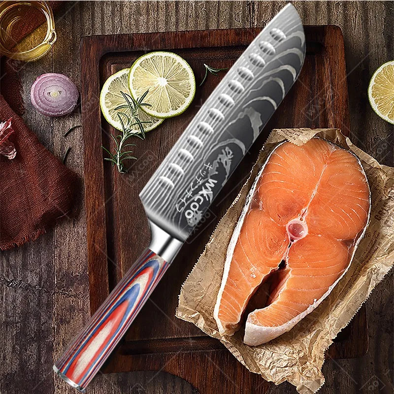 Professional Kitchen Chef's Knife Damascus Japanese Santoku Slicing Knife Meat Cleaver Stainless Steel Butcher Knife with Box